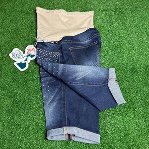 Bella Vida Rhinestone Decorated Pull-On Jeans Bermuda Maternity Shorts Sz S NEW